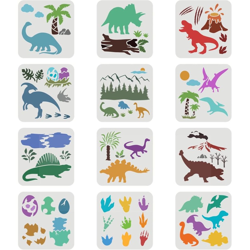 Dinosaur And Craft - 12 Pcs Dinosaur Stencils 7.9x7.9 inch